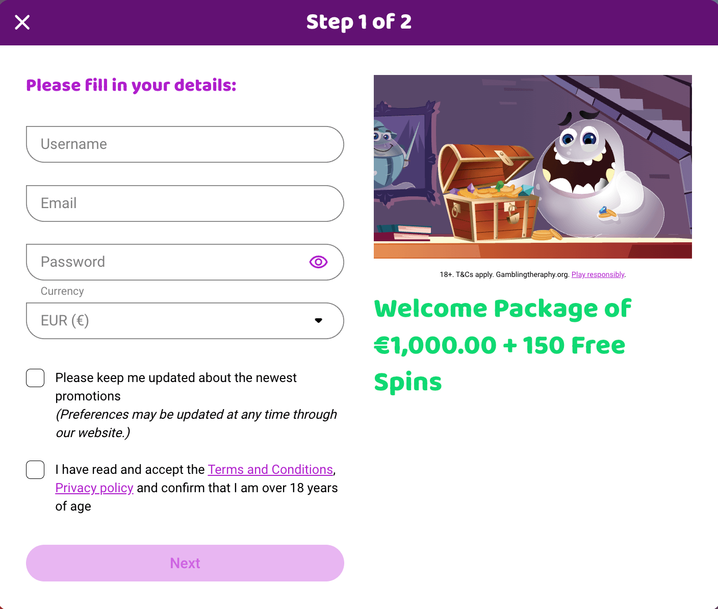 Registration at Boo casino